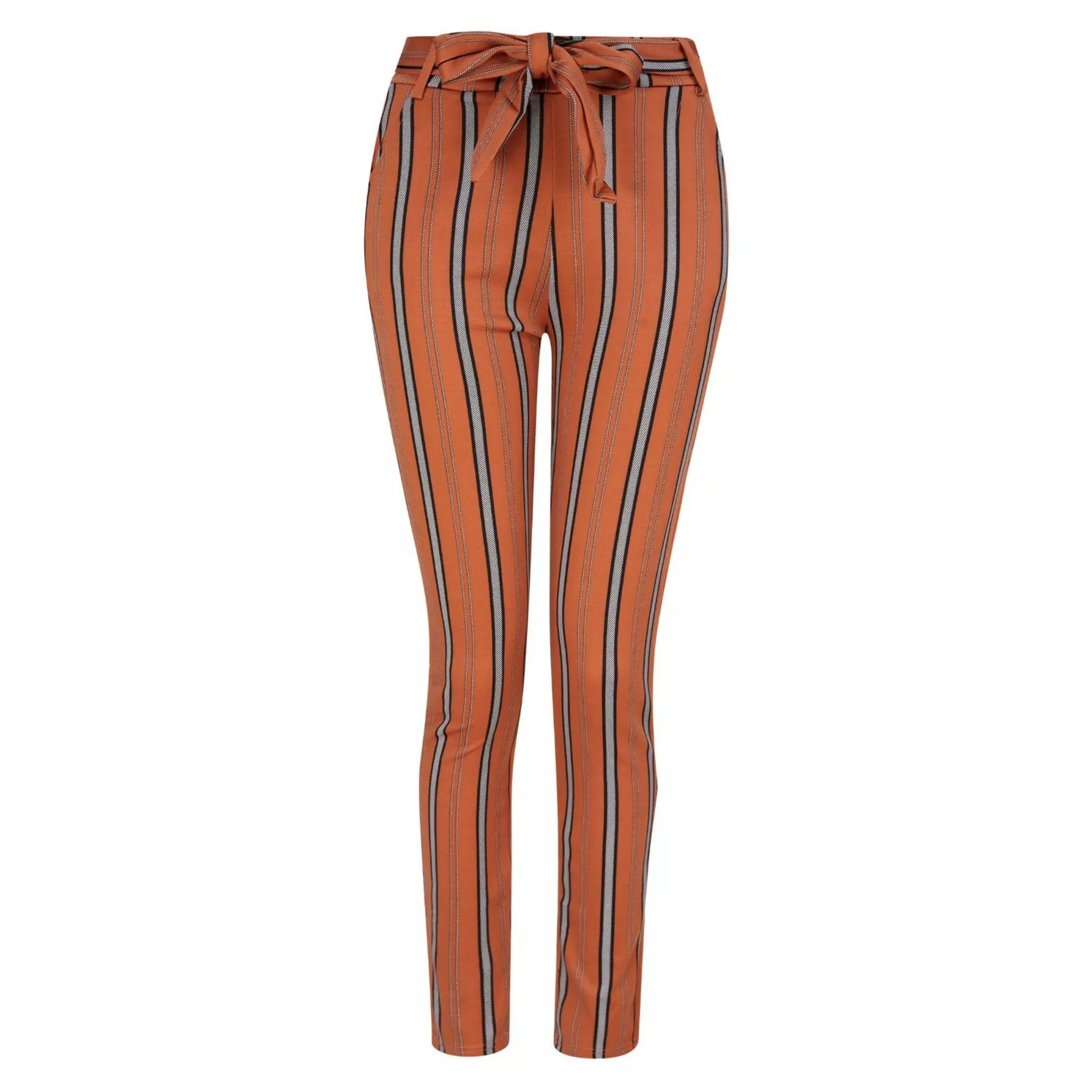 Women's high-waisted belted trousers in terracotta with vertical black, white, and grey stripes, featuring a tie-front waist and slim fit.